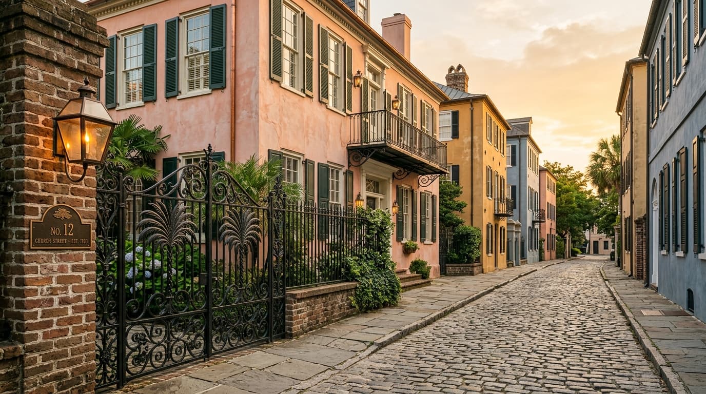 Historic Downtown Charleston Cobblestone Street and Antebellum Homes